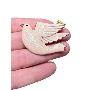 Cream Glitter Enamel Dove Bird‎ Brooch Pin Gold Tone Flying Peace Jewelry